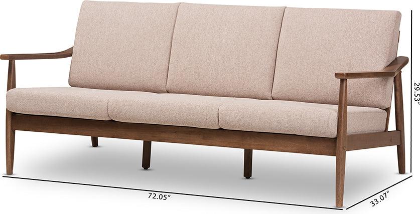 Wholesale Interiors Sofas & Couches - Venza Mid-Century Modern Walnut Wood Light Brown Fabric Upholstered 3-Seater Sofa