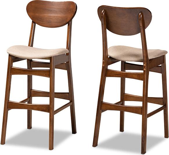 Wholesale Interiors Barstools - Katya Mid-Century Modern Sand Fabric and Brown Finished Wood 2-Piece Bar Stool Set
