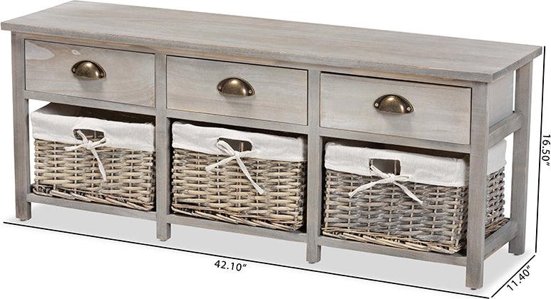 Wholesale Interiors Benches - Mabyn Contemporary Light Grey Wood 3-Drawer Storage Bench with Baskets