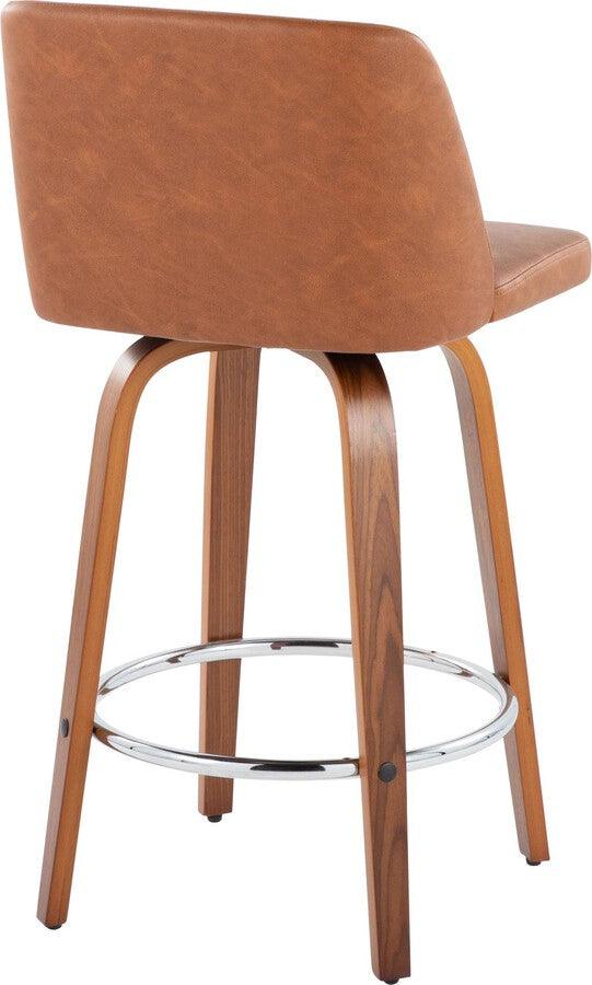 Lumisource Barstools - Toriano 26" Fixed Height Counter Stool With Swivel In Walnut Wood Camel Faux Leather Set 2