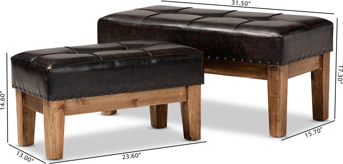 Wholesale Interiors Living Room Sets - Lenza Rustic Dark Brown Faux Leather Upholstered 2-Piece Wood Ottoman Set