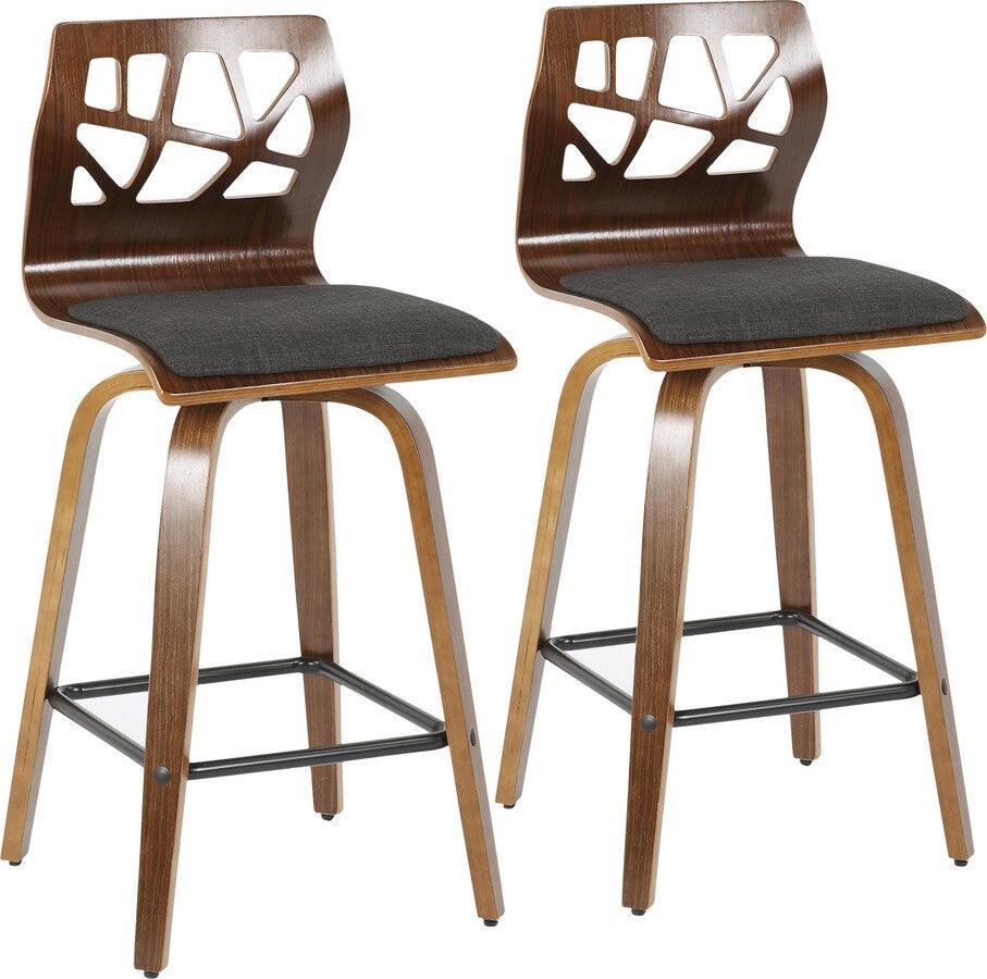 Lumisource Barstools - Folia Mid-Century Modern Counter Stool in Walnut Wood and Charcoal Fabric -set of 2