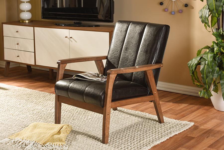 Wholesale Interiors Accent Chairs - Nikko Mid-century Modern Dark Brown Faux Leather Wooden Lounge Chair