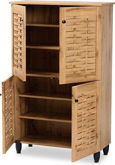 Wholesale Interiors Shoe Storage - Winda Modern and Contemporary Oak Brown Finished Wood 4-Door Shoe Storage Cabinet