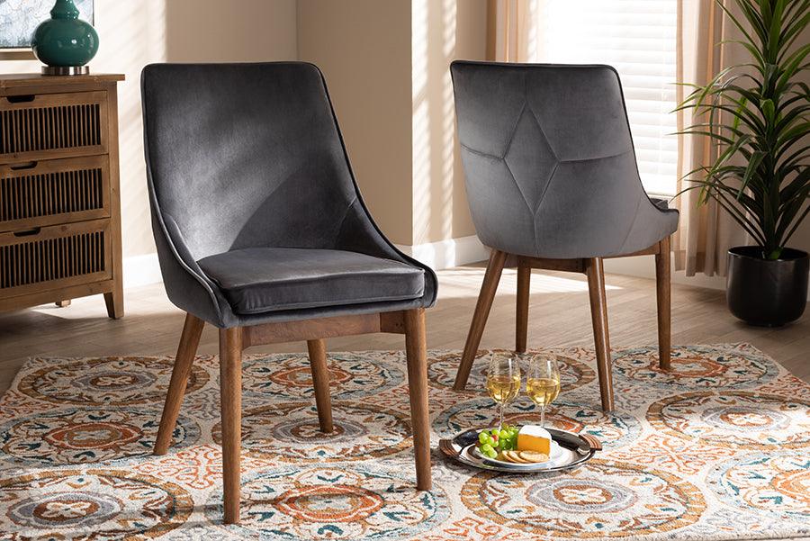 Wholesale Interiors Dining Chairs - Gilmore Contemporary Grey Velvet and Walnut Brown Wood 2-Piece Dining Chair Set