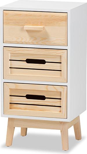 Wholesale Interiors Cabinets & Wardrobes - Kalida Mid-Century Modern Two-Tone White and Oak Brown Wood 3-Drawer Storage Cabinet