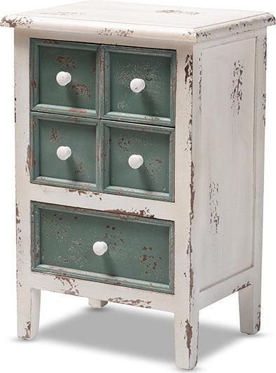 Wholesale Interiors Chest of Drawers - Angeline Antique French Country Cottage Distressed White and Teal Wood 5-Drawer Storage Cabinet