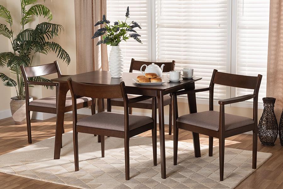 Wholesale Interiors Dining Sets - Coretta Mid-Century Modern Warm Grey Fabric and Dark Brown Finished Wood 5-Piece Dining Set