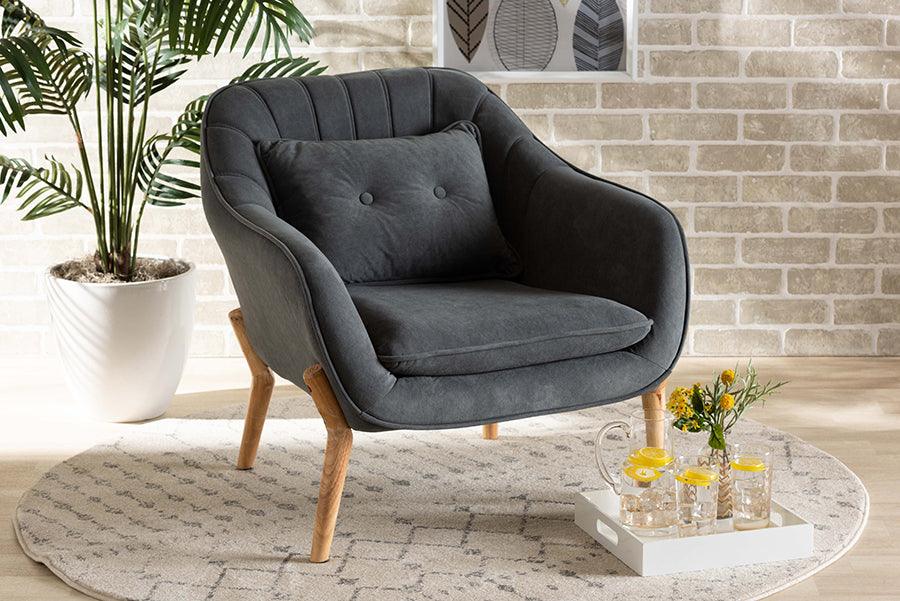 Wholesale Interiors Accent Chairs - Valentina Grey Velvet Fabric Upholstered and Natural Wood Finished Armchair