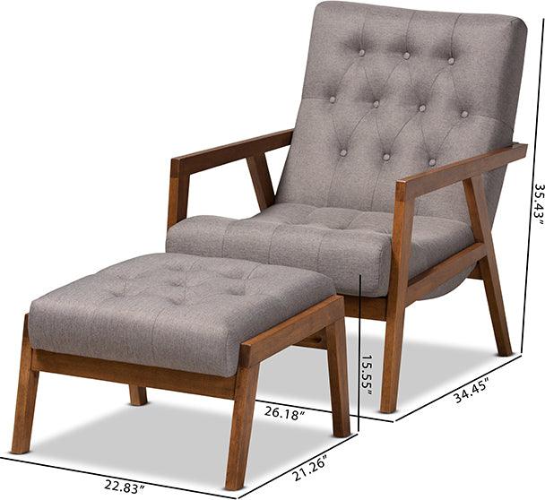 Wholesale Interiors Living Room Sets - Naeva Mid-Century Modern Grey Fabric Wood 2-Piece Armchair and Footstool Set