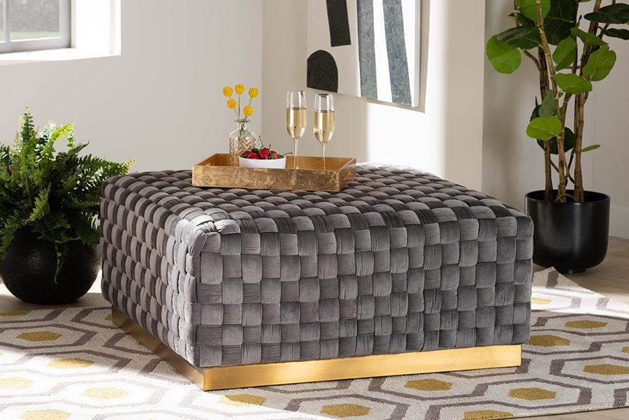 Wholesale Interiors Ottomans & Stools - Noah Luxe and Glam Grey Velvet Fabric Upholstered and Gold Finished Square Cocktail Ottoman