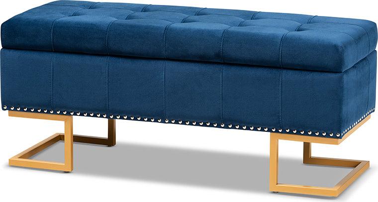 Wholesale Interiors Ottomans & Stools - Ellery Luxe and Glam Navy Blue Velvet Fabric Upholstered and Gold Finished Metal Storage Ottoman