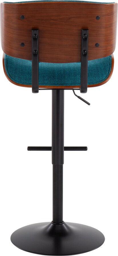 Lumisource Barstools - Lombardi Mid-Century Modern Barstool in Black Metal and Teal Noise Fabric with Walnut Wood Accent