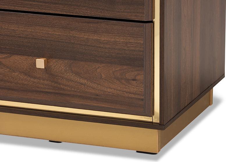 Wholesale Interiors Nightstands & Side Tables - Cormac Mid-Century Modern Transitional Brown Wood and Gold Metal 2-Drawer Nightstand