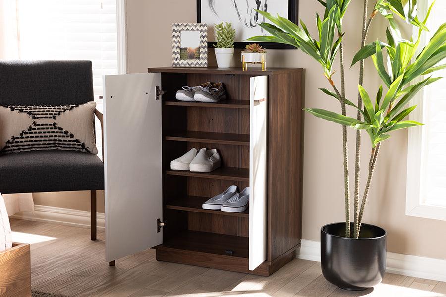 Wholesale Interiors Shoe Storage - Mette Mid-Century Modern White and Walnut 5-Shelf Wood Entryway Shoe Cabinet