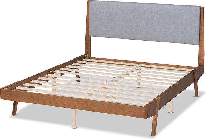 Wholesale Interiors Beds - Senna Mid-Century Modern Grey Fabric and Walnut Brown Wood King Size Platform Bed