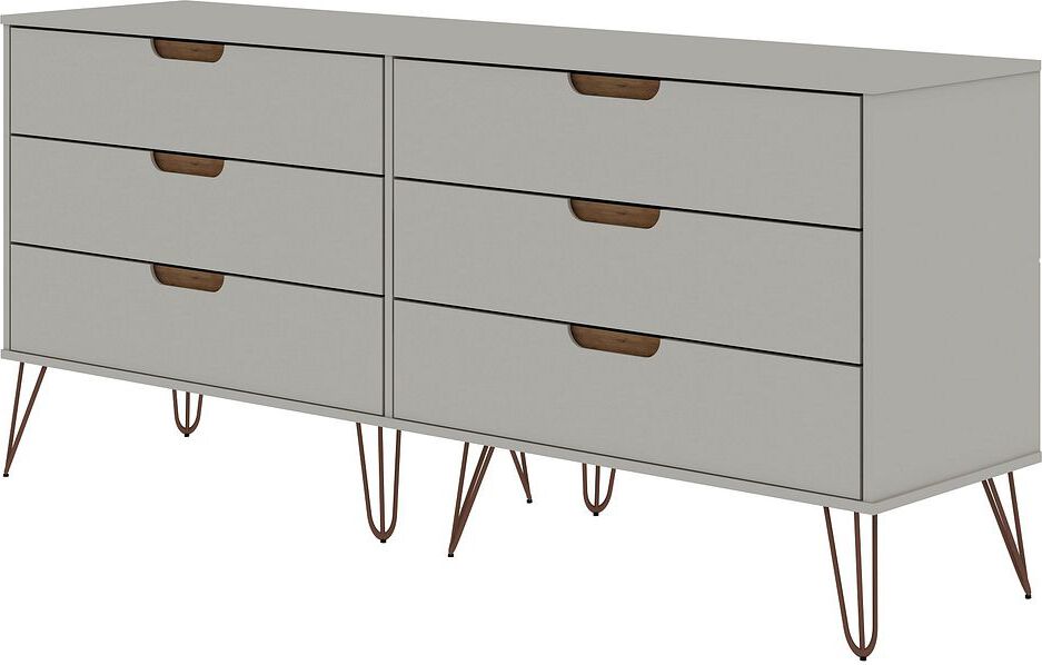 Manhattan Comfort Dressers - Rockefeller 6-Drawer Double Low Dresser with Metal Legs in Off White & Nature