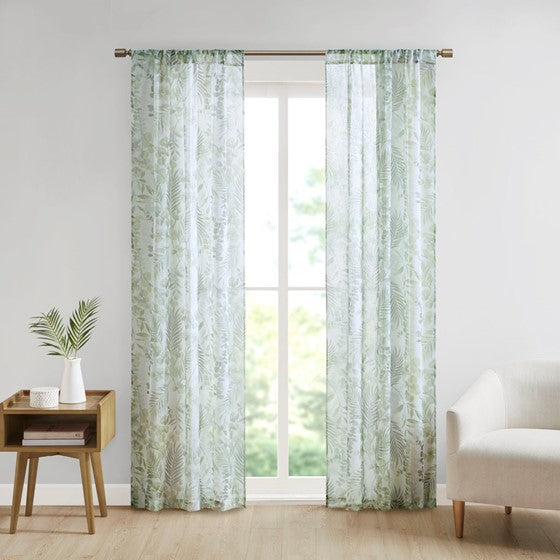 Olliix.com Curtains - Botanical Printed Texture Sheer Window Pair Green