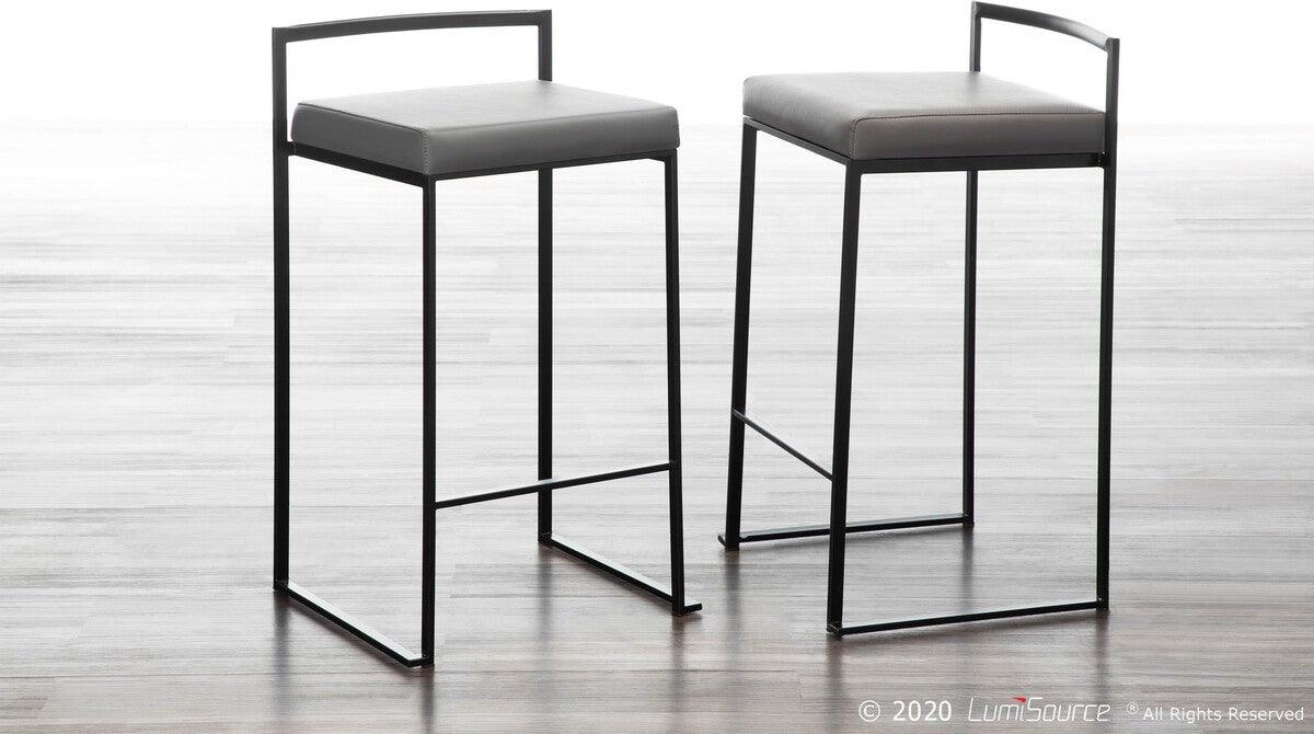 Lumisource Barstools - Fuji Contemporary Stackable Counter Stool in Black with Grey Faux Leather Cushion - Set of 2