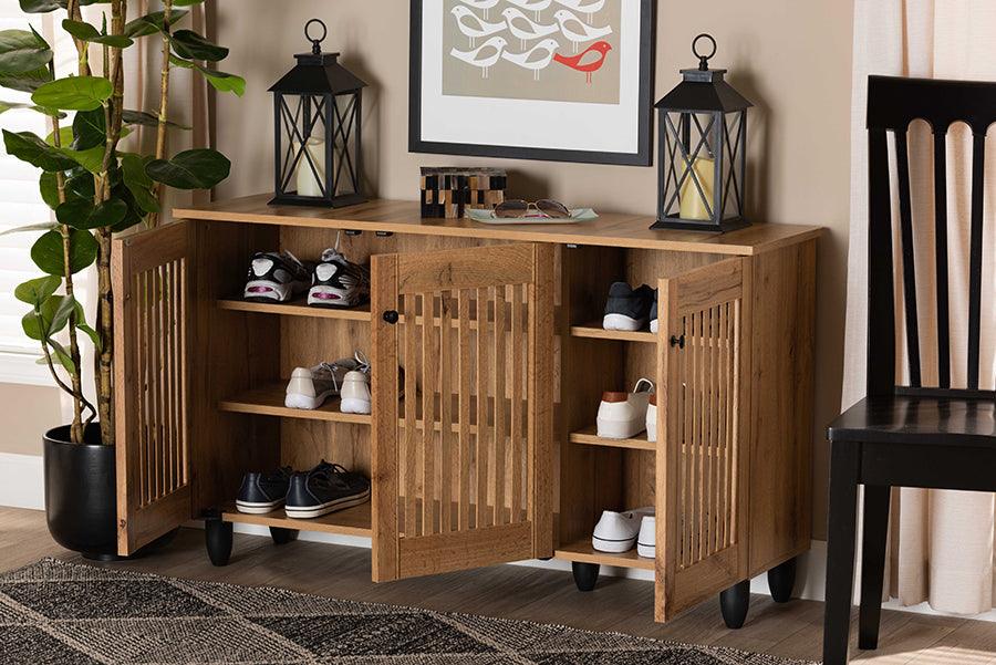 Wholesale Interiors Shoe Storage - Fernanda Modern and Contemporary Oak Brown Finished Wood 3-Door Shoe Cabinet
