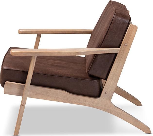 Wholesale Interiors Accent Chairs - Sigrid Dark Brown Faux Leather Effect Fabric Upholstered Antique Oak Finished Wood Armchair