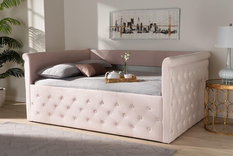 Wholesale Interiors Daybeds - Amaya Modern and Contemporary Light Pink Velvet Fabric Upholstered Full Size Daybed