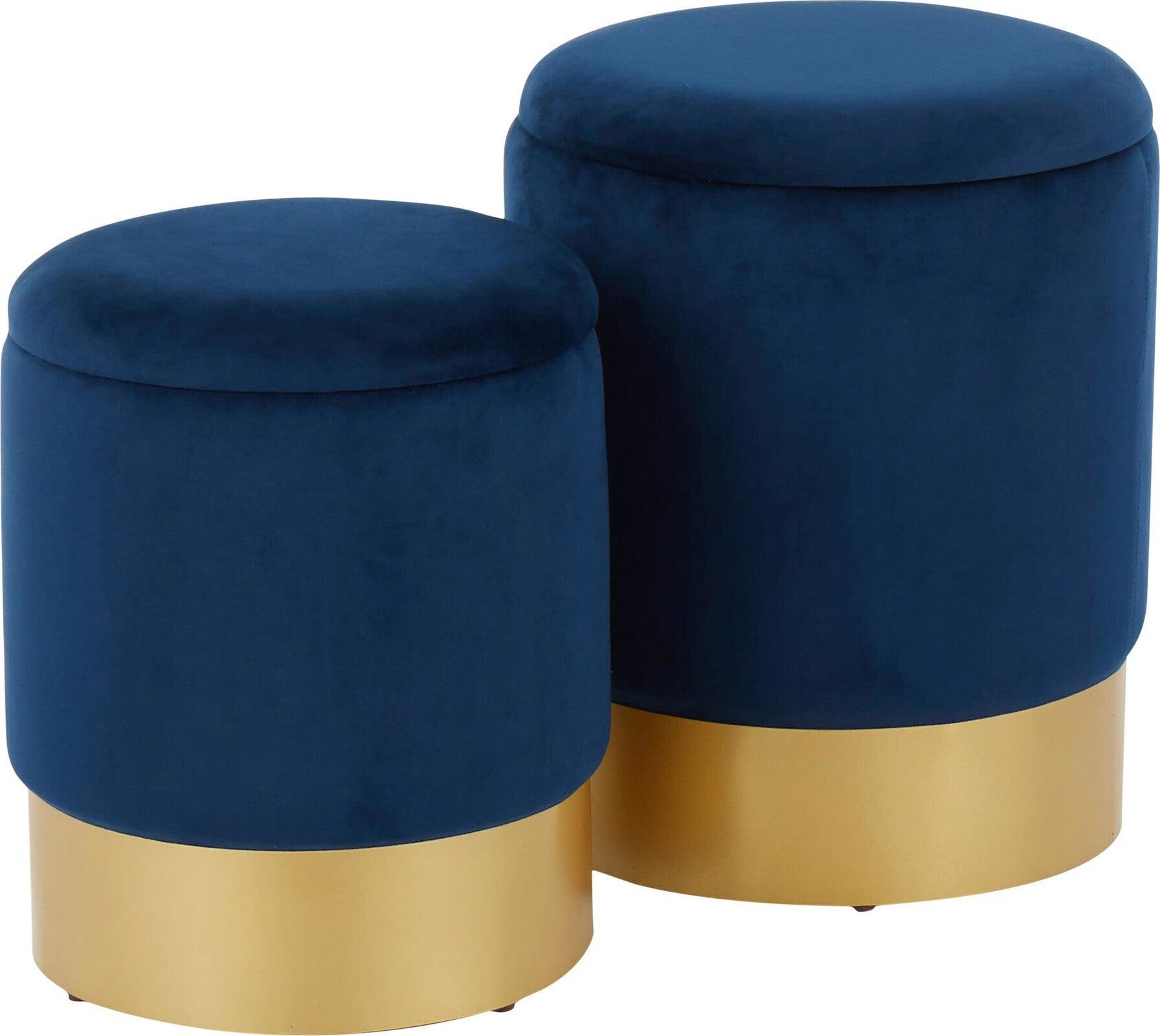 Lumisource Ottomans & Stools - Marla Contemporary Nesting Ottoman Set Gold Metal & Blue Velvet