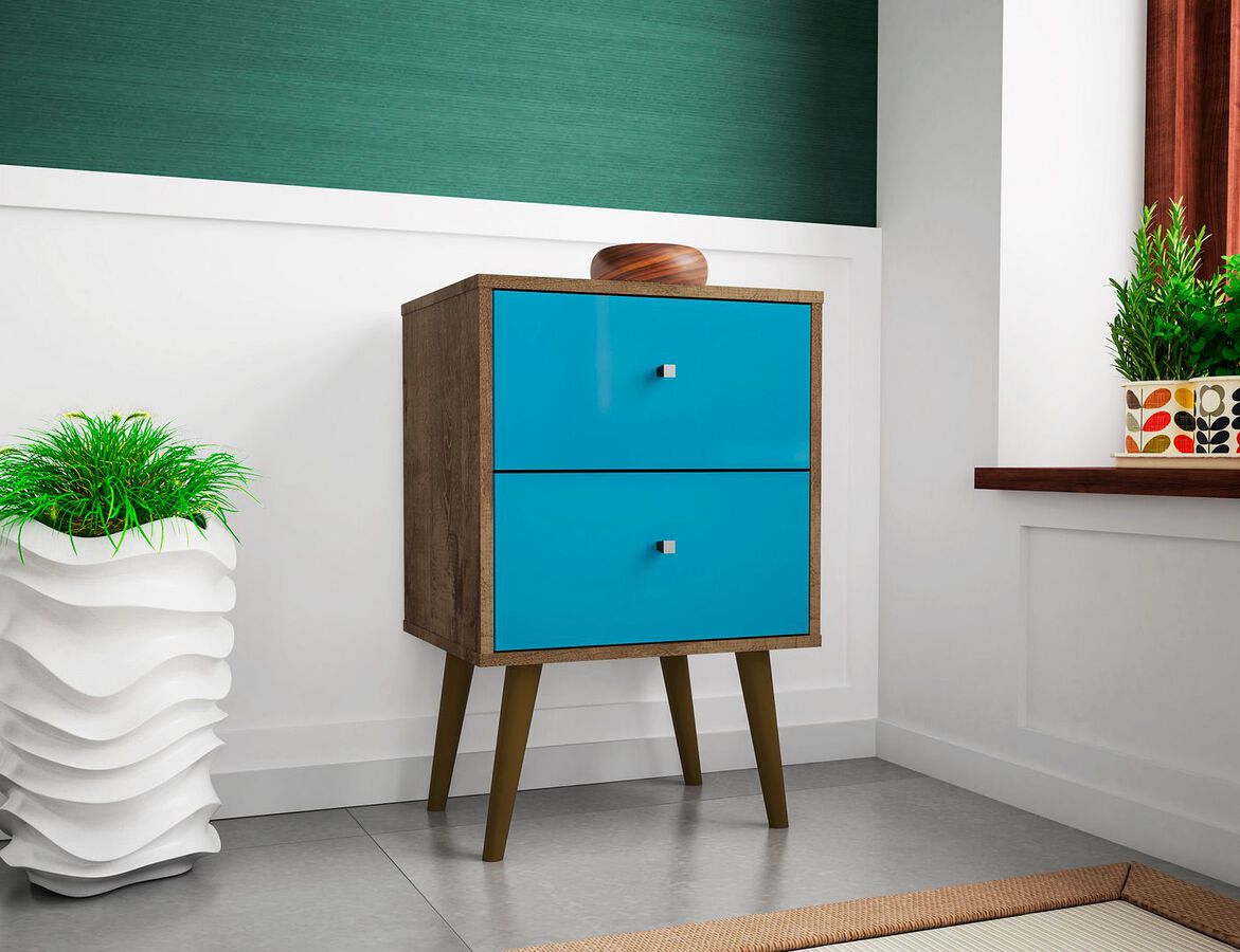 Manhattan Comfort Nightstands & Side Tables - Liberty Nightstand 2.0 in Rustic Brown and Aqua Blue