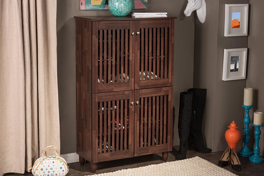 Wholesale Interiors Shoe Storage - Fernanda Modern and Contemporary 4-Door Oak Brown Wooden Entryway Shoes Storage Tall Cabinet