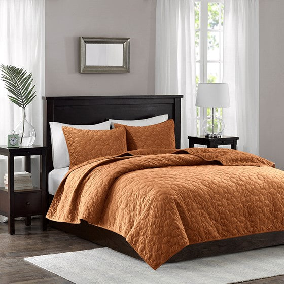 Olliix.com Coverlet - 3 Piece Velvet Quilt Set Rust Cal King