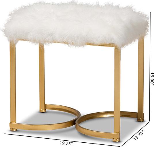 Wholesale Interiors Ottomans & Stools - Gwyn Glam and Luxe White Faux Fur Upholstered and Gold Finished Metal Ottoman