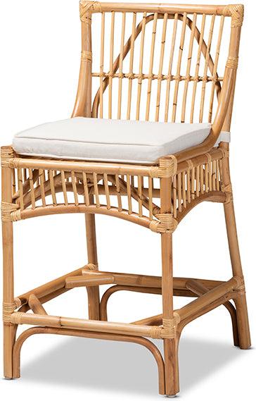 Wholesale Interiors Barstools - Rose Modern Bohemian White Fabric Upholstered and Natural Brown Rattan Counter Stool