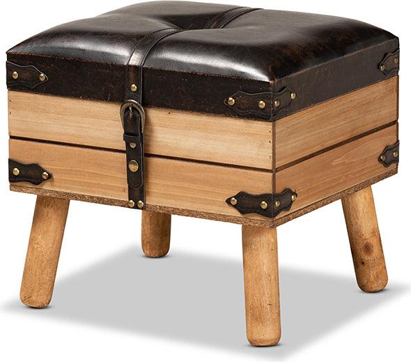 Wholesale Interiors Ottomans & Stools - Amena Rustic Dark Brown PU Leather Upholstered and Oak Finished Wood Small Storage Ottoman