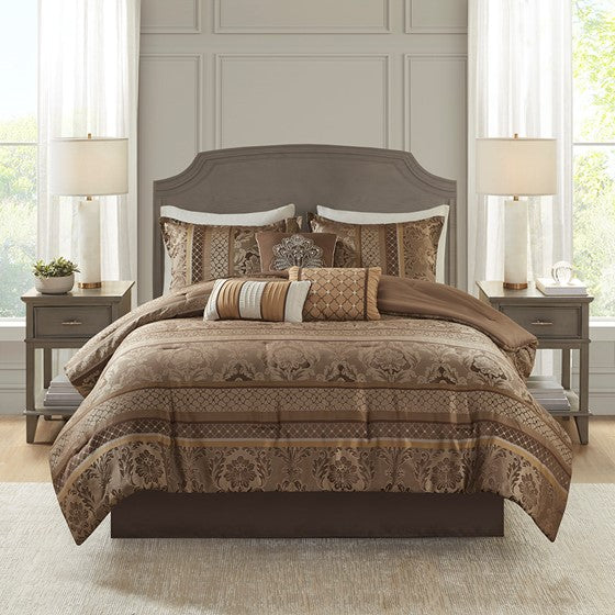 Olliix.com Comforters & Blankets - 7 Piece Jacquard Comforter Set Brown/Gold Queen
