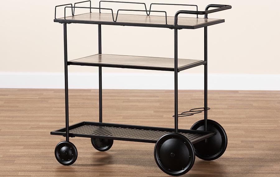 Wholesale Interiors Bar Units & Wine Cabinets - Huntley Modern Industrial Walnut Brown Finished Wood and Black Metal Mobile Wine Cart