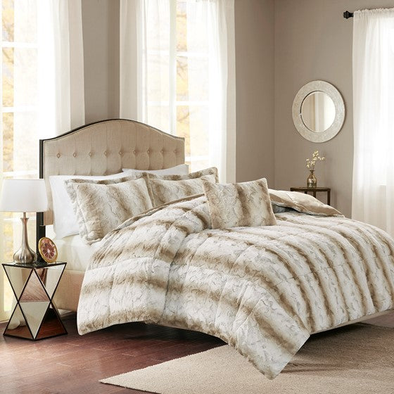 Olliix.com Comforters & Blankets - 4PC Faux Fur Comforter Set Sand King