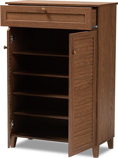Wholesale Interiors Shoe Storage - Coolidge Modern And Contemporary Walnut Finished 5-Shelf Wood Shoe Storage Cabinet With Drawer