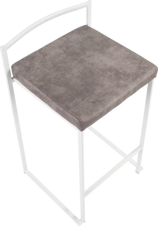 Lumisource Barstools - Fuji Contemporary Stackable Counter Stool in White with Stone Cowboy Fabric Cushion - Set of 2