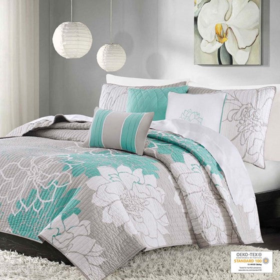 Olliix.com Coverlet - 6 Piece Printed Cotton Quilt Set with Throw Pillows Aqua Cal King