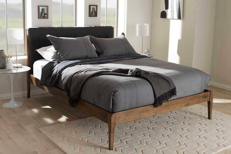 Wholesale Interiors Beds - Clifford Mid-Century Dark Grey Fabric and Medium Brown Finish Wood Queen Size Platform Bed