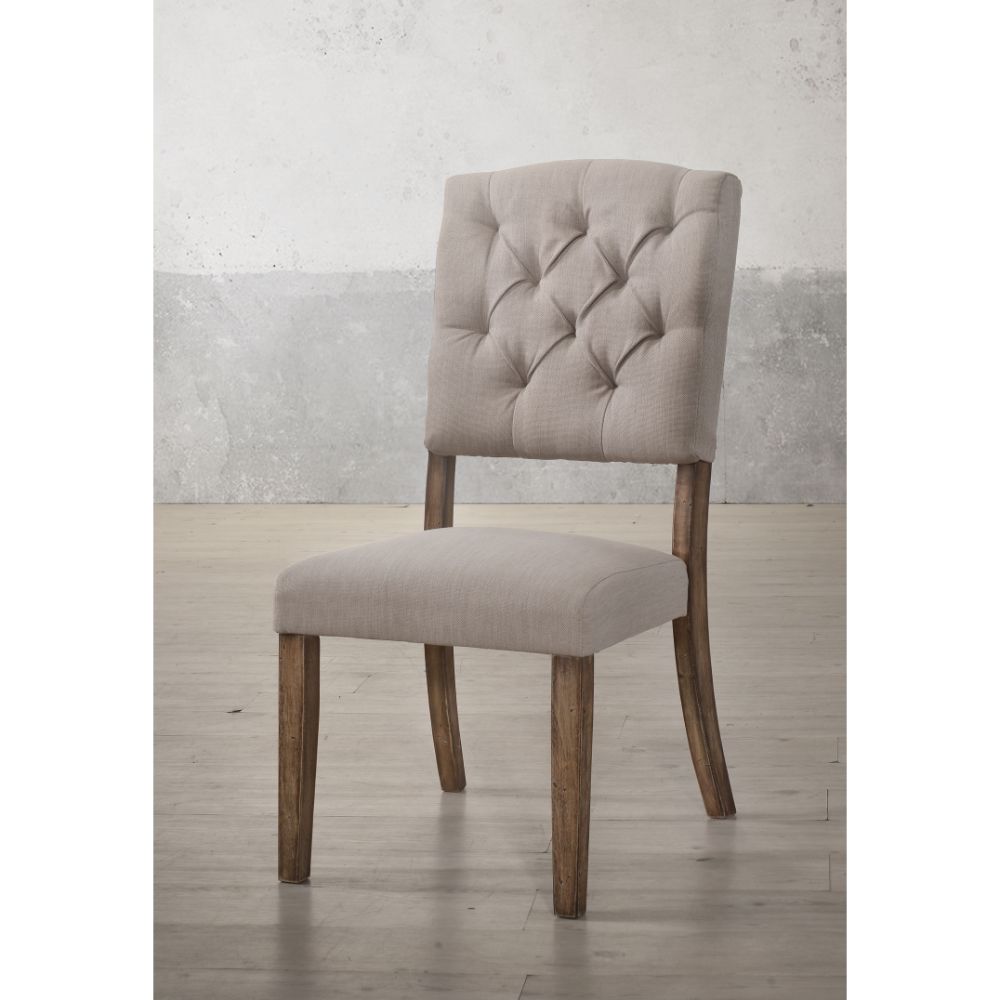 ACME Dining Chairs - ACME Bernard Side Chair (Set-2), Cream Linen & Weathered Oak