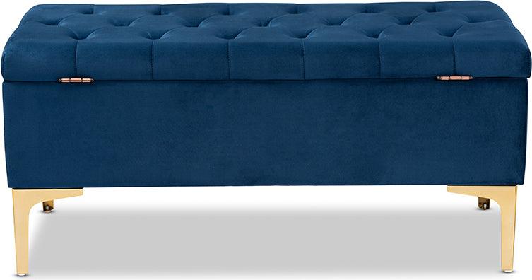 Wholesale Interiors Ottomans & Stools - Valere Navy Blue Velvet Fabric Upholstered Gold Finished Button Tufted Storage Ottoman