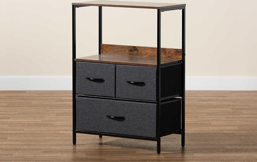 Wholesale Interiors Cabinets & Wardrobes - Hakan Modern Industrial Grey Fabric and Walnut Brown Wood 3-Drawer Storage Cabinet