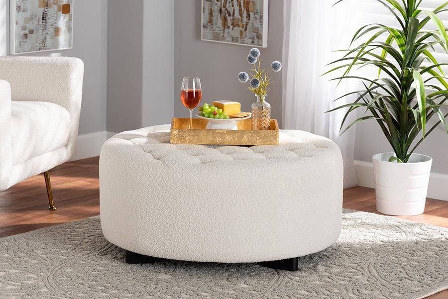 Wholesale Interiors Ottomans & Stools - Athena Modern Ivory Boucle Upholstered and Black Finished Wood Round Ottoman