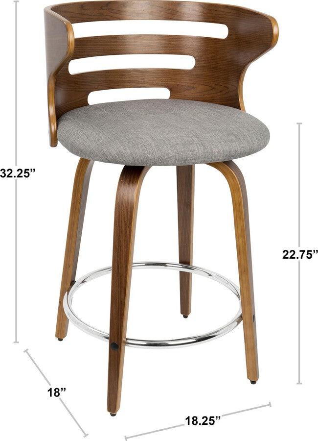 Lumisource Barstools - Cosini Mid-Century Modern Counter Stool with Swivel in Walnut and Grey Fabric - Set of 2