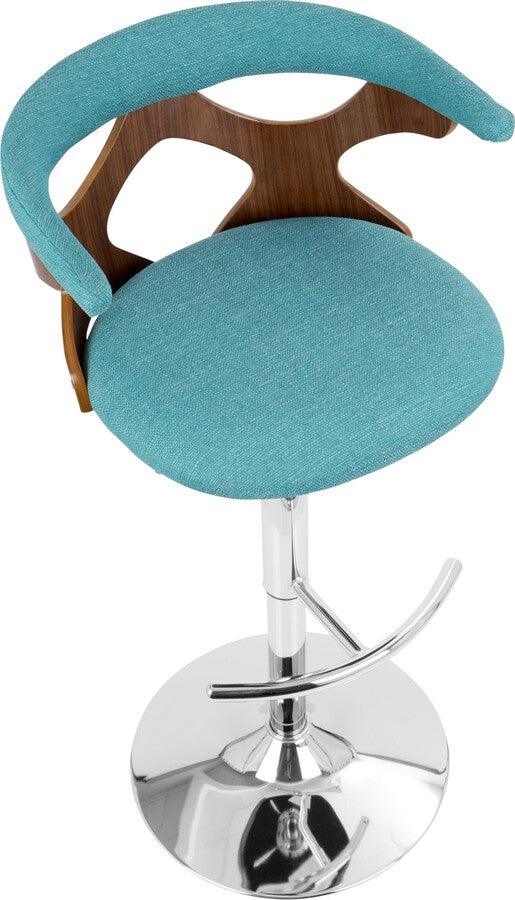 Lumisource Barstools - Gardenia Adjustable Barstool With Swivel In Chrome, Walnut Wood & Teal Fabric (Set of 2)