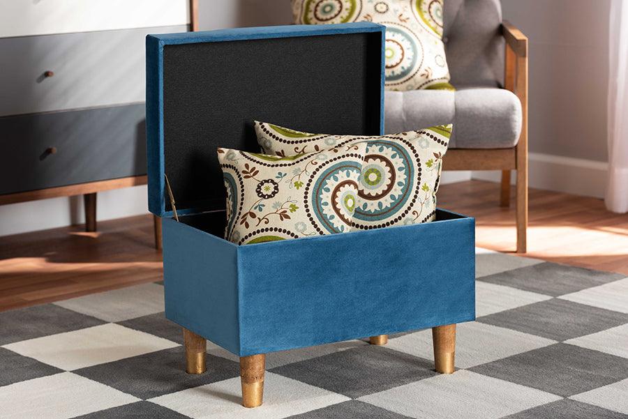 Wholesale Interiors Ottomans & Stools - Elias Sky Blue Velvet Fabric Upholstered and Oak Brown Finished Wood Storage Ottoman