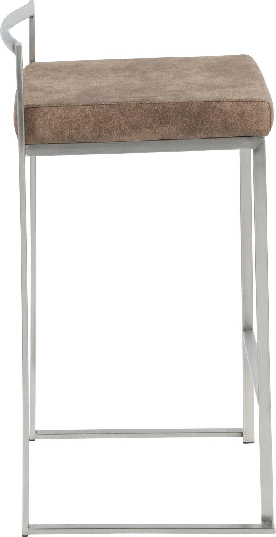 Lumisource Barstools - Fuji Stacker Counter Stool (Set of 2) Stainless Steel & Brown Cowboy