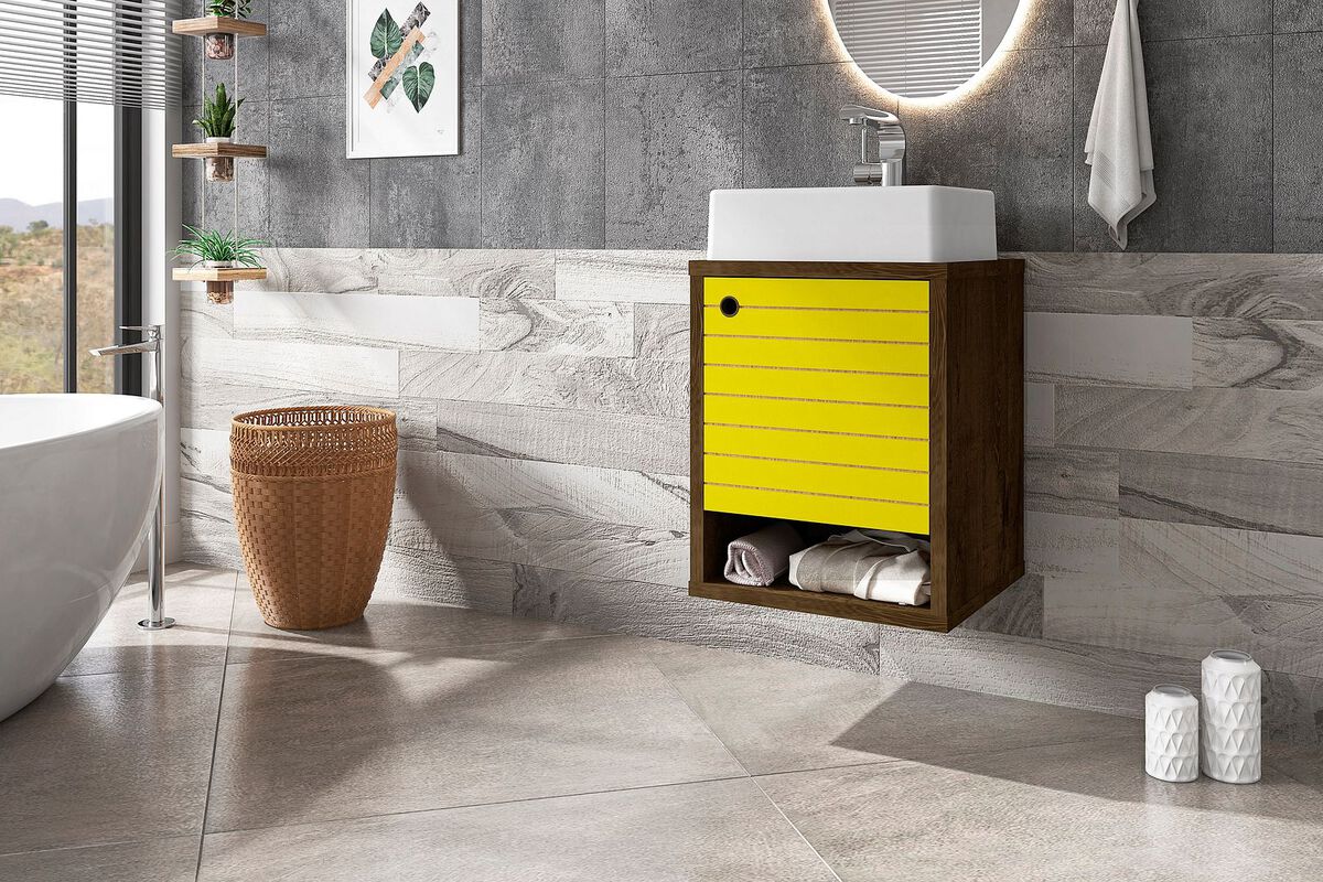 Manhattan Comfort Bathroom Vanity - Liberty Floating 17.71 Bathroom Vanity with Sink and Shelf in Rustic Brown and Yellow