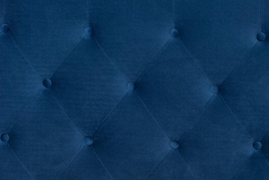 Wholesale Interiors Beds - Joanna Navy Blue Velvet Fabric Upholstered and Dark Brown Finished Wood King Size Platform Bed